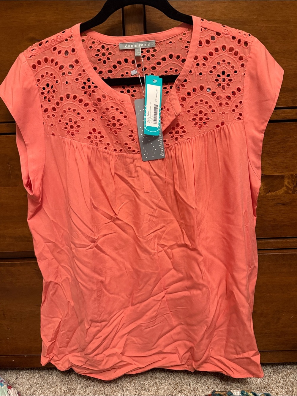 Daniel Rainn Coral Eyelet Yoke Cap Sleeve Blouse